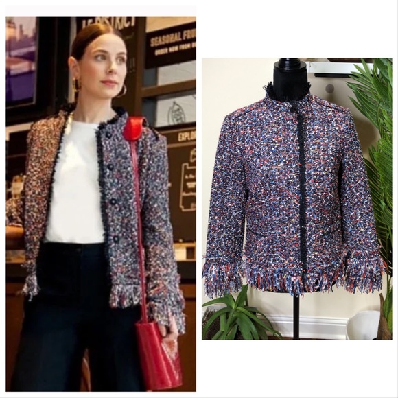 Ann Taylor Fiesta Multicolor Fringe Tweed Blazer Jacket Blk Red Blue Small Tall - Picture 1 of 10